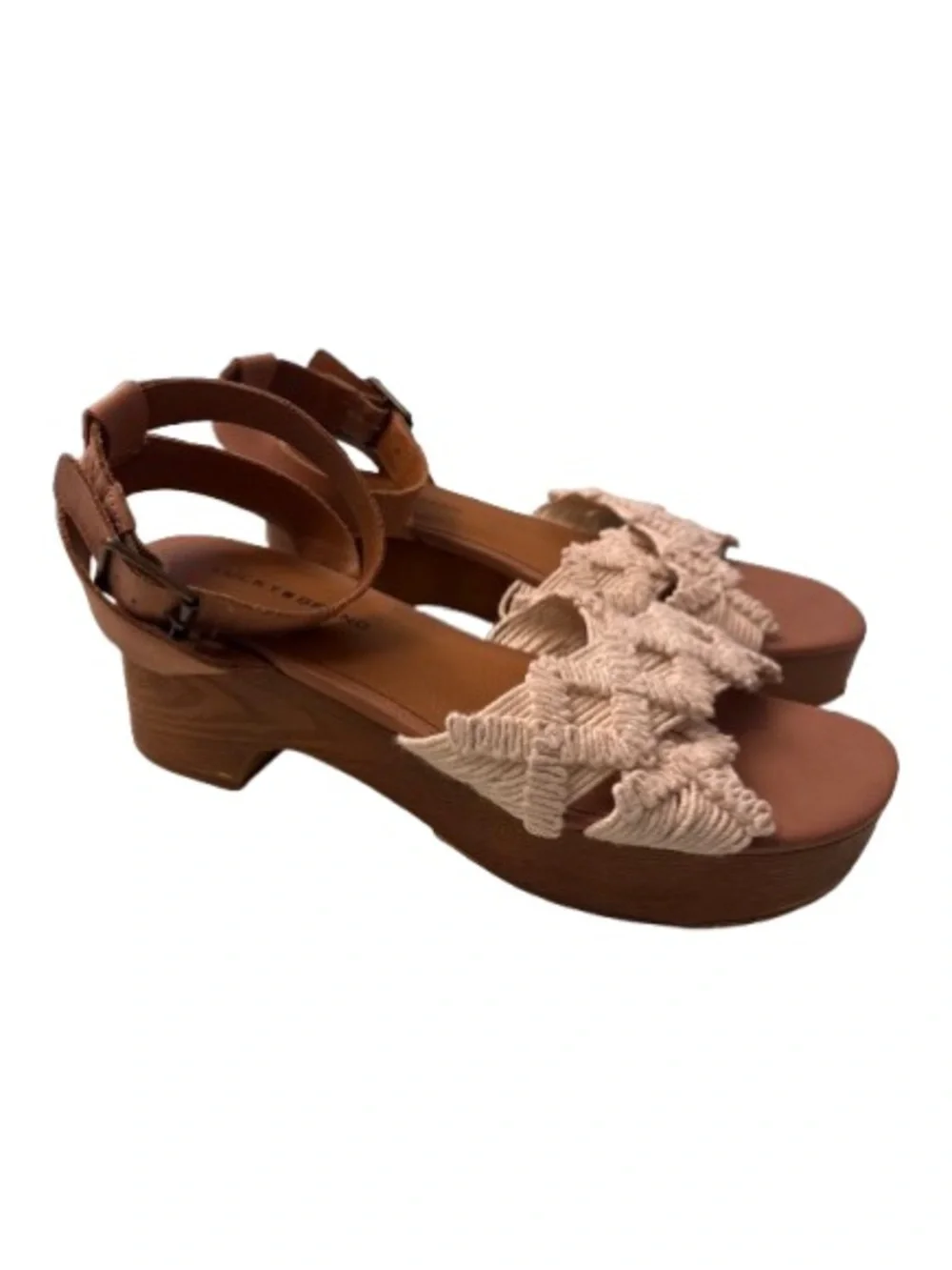 Lucky Brand 7.5M Macrame Crochet Block Platform Heel Sandals Boho Ankle Strap
